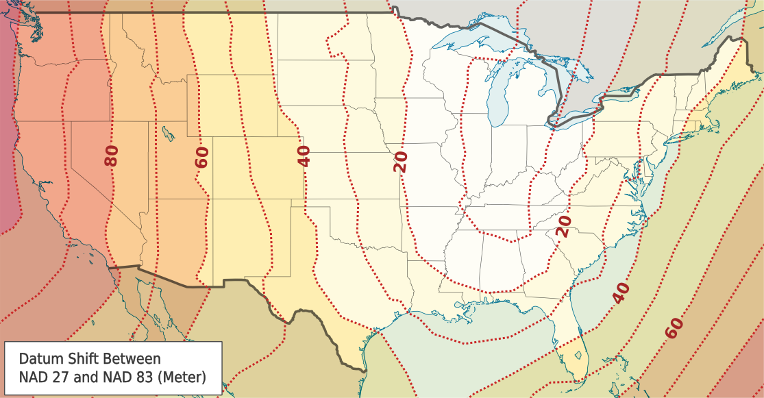 A map of the United States showing contours of the amount the datum shifted between NAD27 and NAD83, 0-20 meters in the central part of the country but reaching 40 meters in the east and 100 meters in the west.
