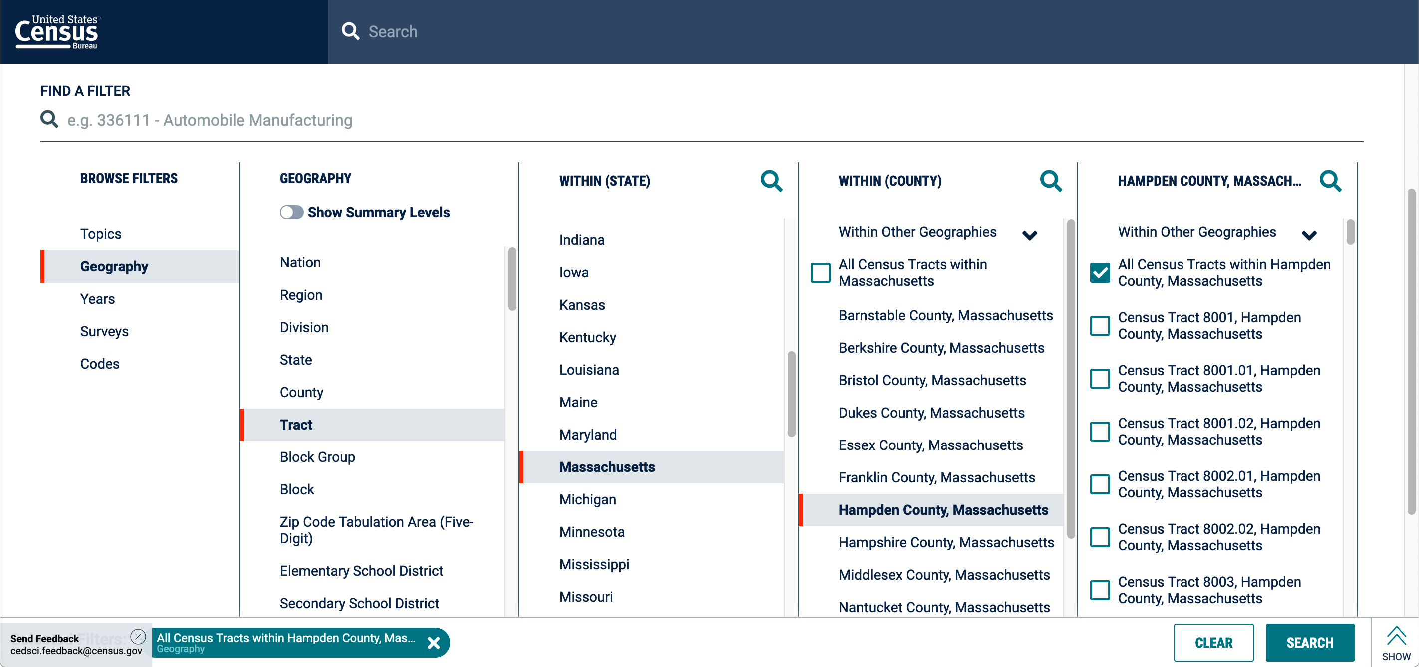 Census data advanced search geography filter dialog