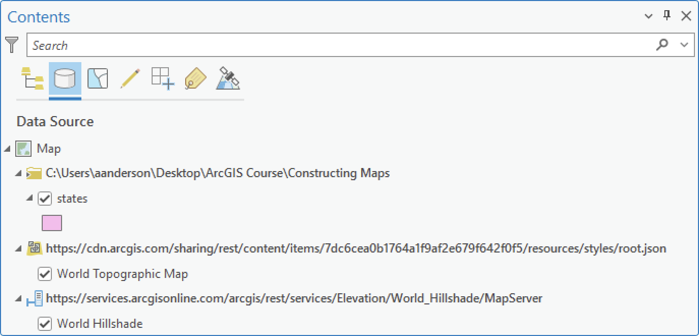 The view of the layers in a project map by the source of their data.