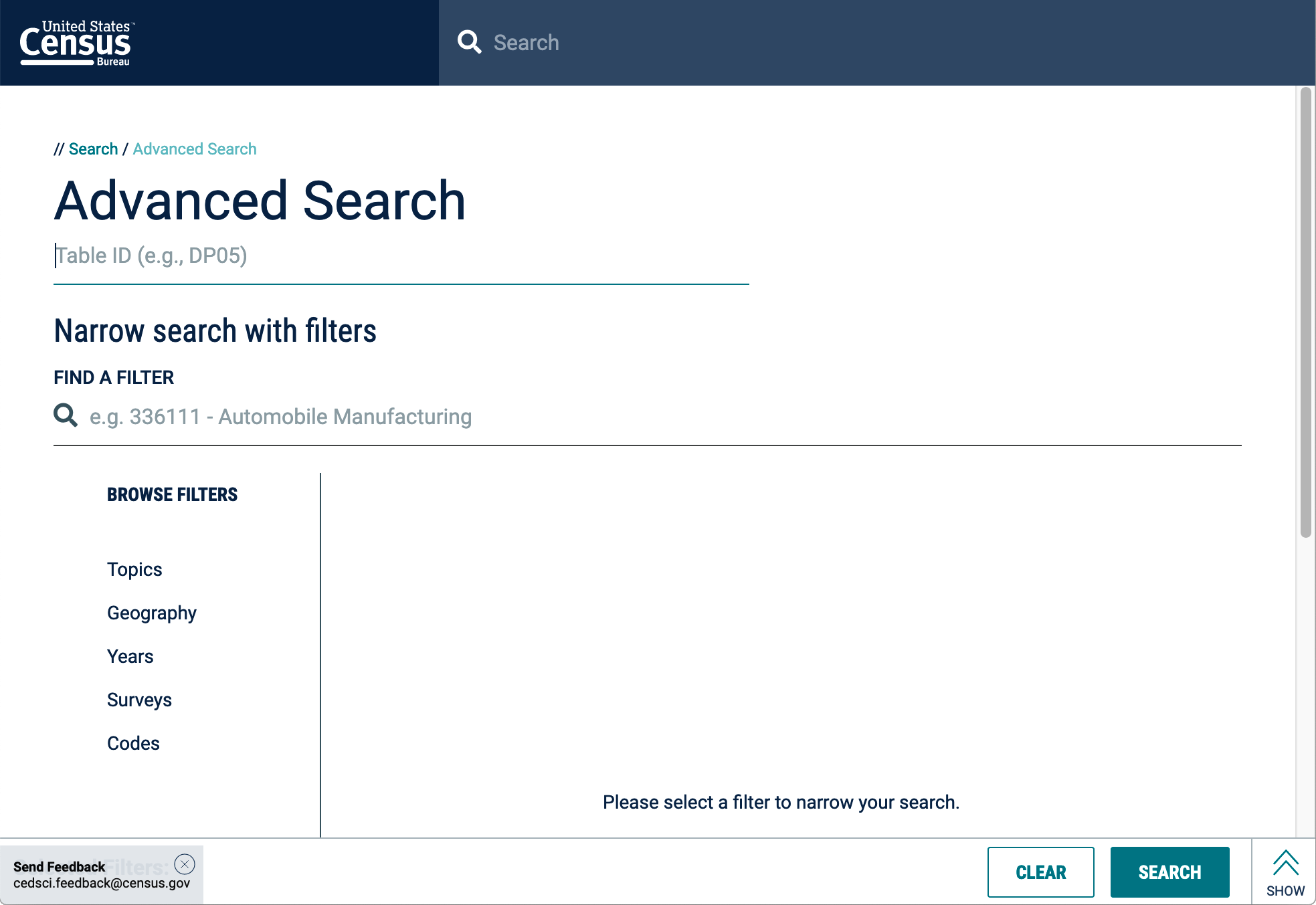 Census data advanced search dialog